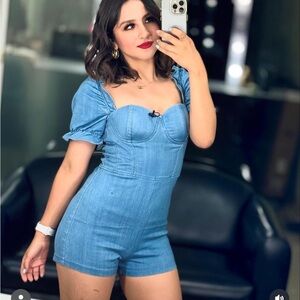 Denim Puff sleeved Romper - Size Small